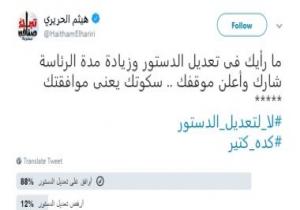 هيثم الحريرى يطرح استفتاء على تعديل الدستور.. و88_ من متابعيه يوافقون